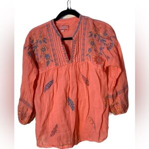 Johnny Was Workshop Embroidered Linen Tunic Top Coral EXCELLENT CONDITION. Sz XS